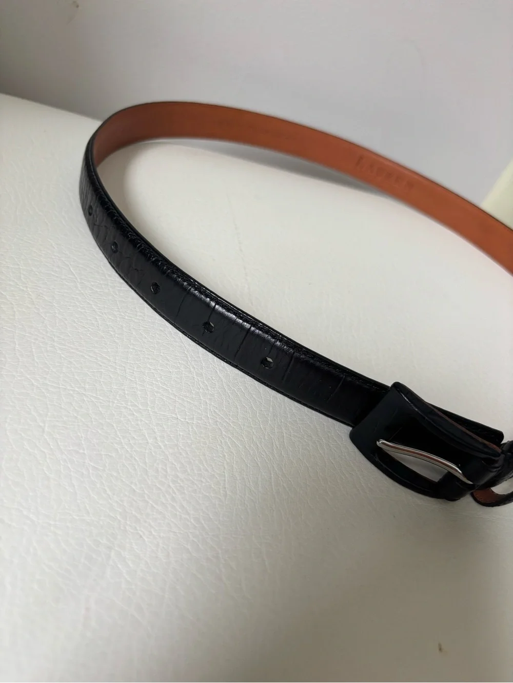 Ralph Lauren Black Croc-Embossed Leather Belt with Brown Interior size S